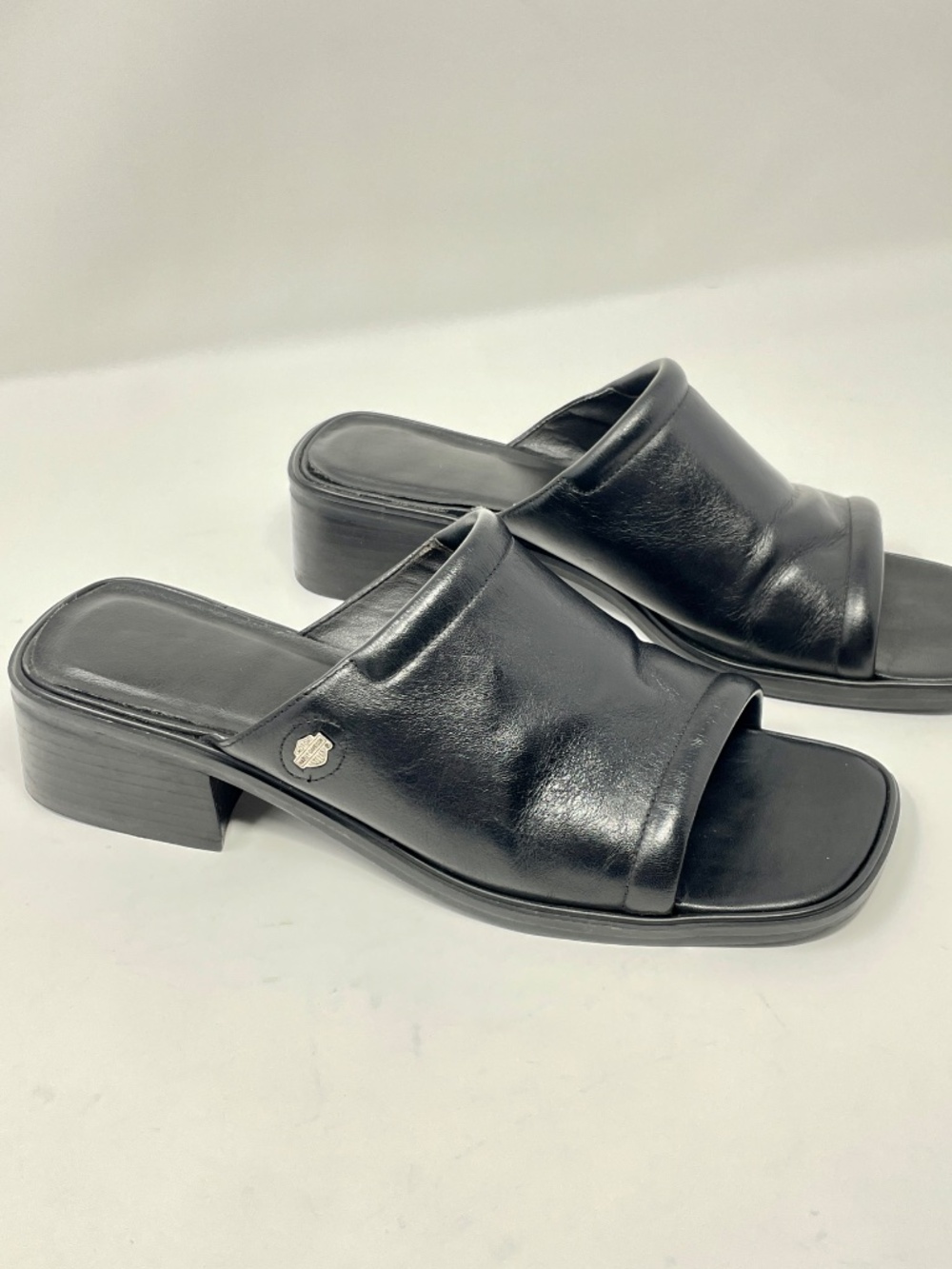 Harley-Davidson sandals slides mules black genuine leather block heel 90s Y2K